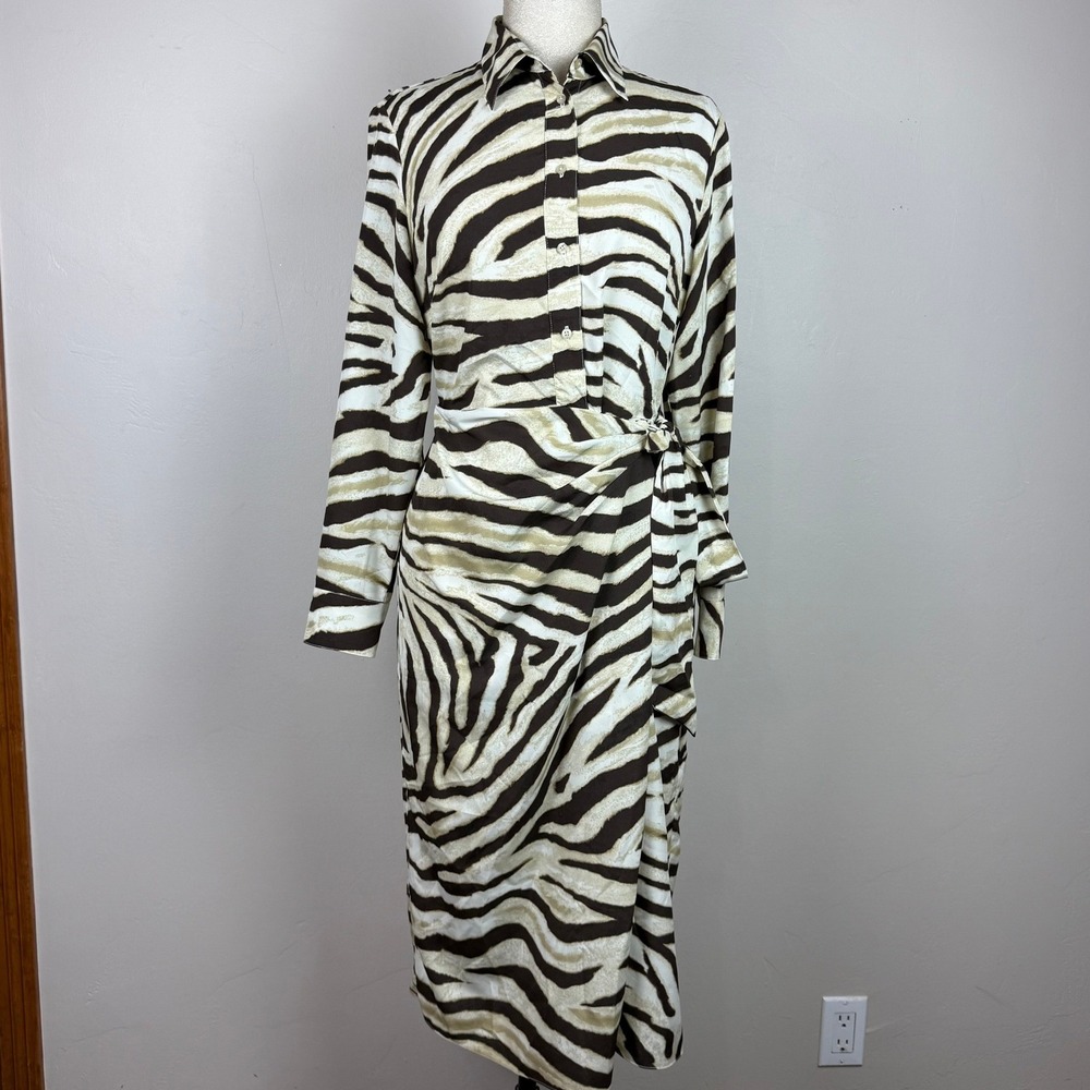 Lauren Ralph Lauren Shirt Dress Women 6 Brown Zebra Print Wrap